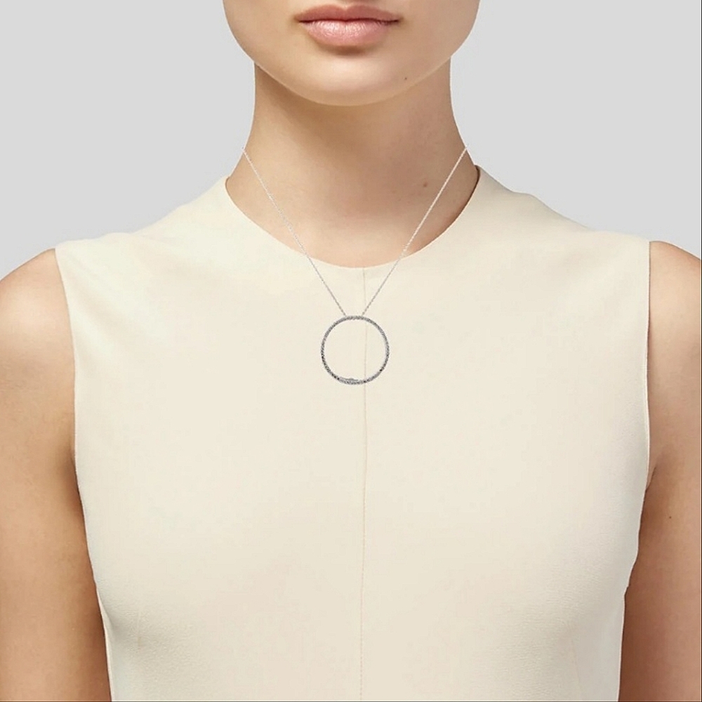 14K Large Natural Diamond Circle Pendant W/18K Chain Necklace